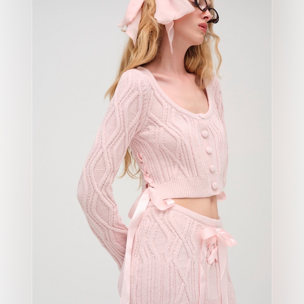 For Love & Lemons Pink Chenille Cable Knit Cardigan, Lace-Up Bows, Size M, NWT